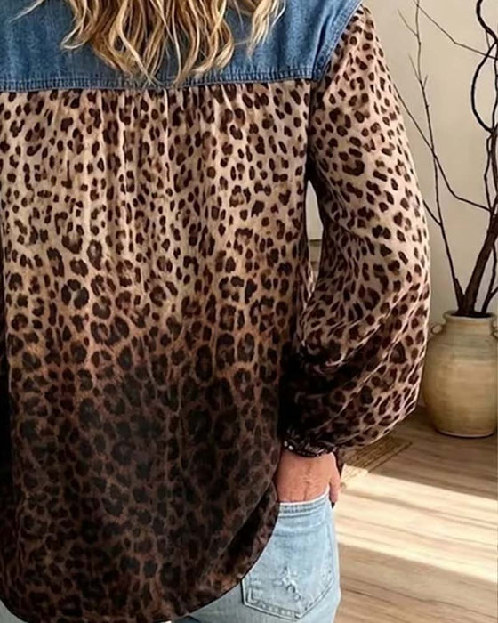 Topp Denim Patchwork Leopardmønster Langermet