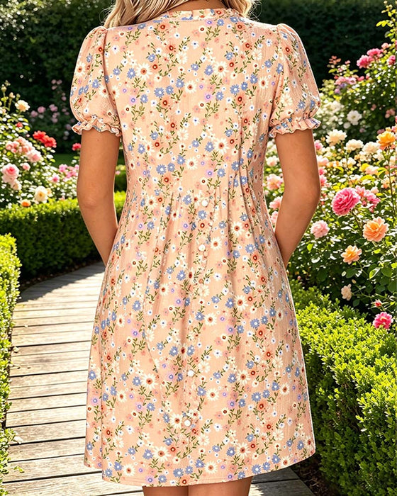 Kjole Blomstret V-Hals Boble Erme Rynket