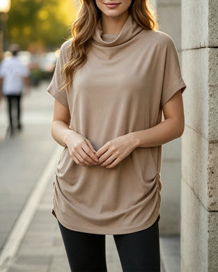 Bluse Mock Hals Kort Erme Side Rynket