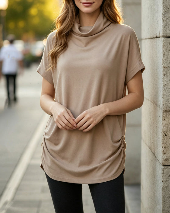 Bluse Mock Hals Kort Erme Side Rynket