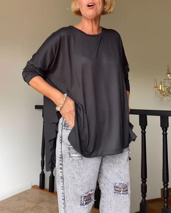 Ensfarget casual bluse med rund hals