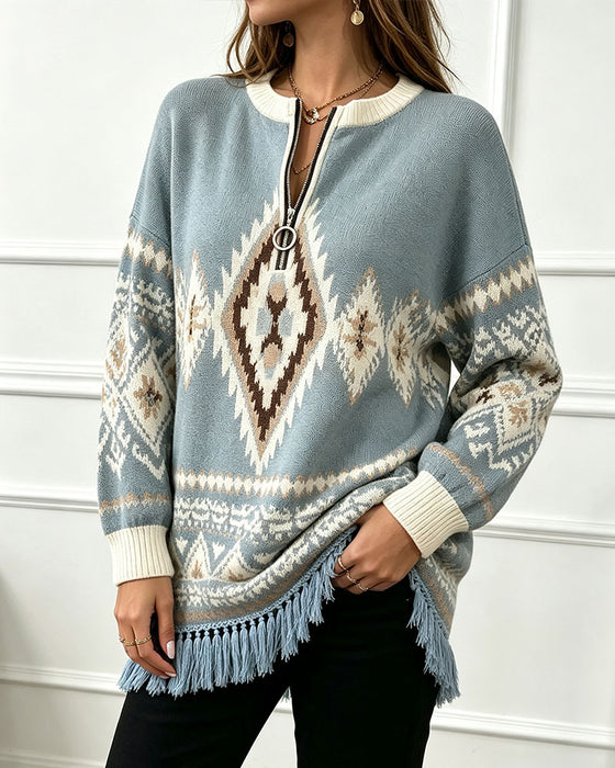 Genser Geometrisk Jacquard Halv-Zip Frynset Kant