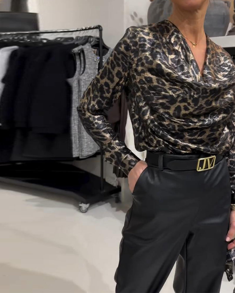 Skjorte Stilfull Leopardtrykk Med Drapert Krage