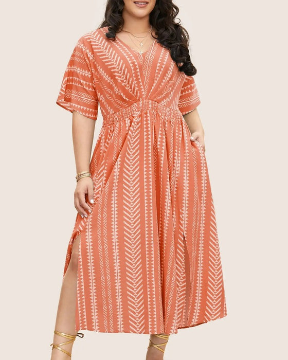 Kjole Dyp V Blå Hvit Geometrisk Stripe Midje