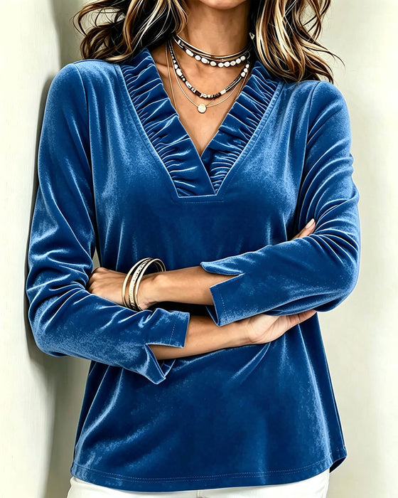 Bluse V-Hals Ruffle Rynket Splitt