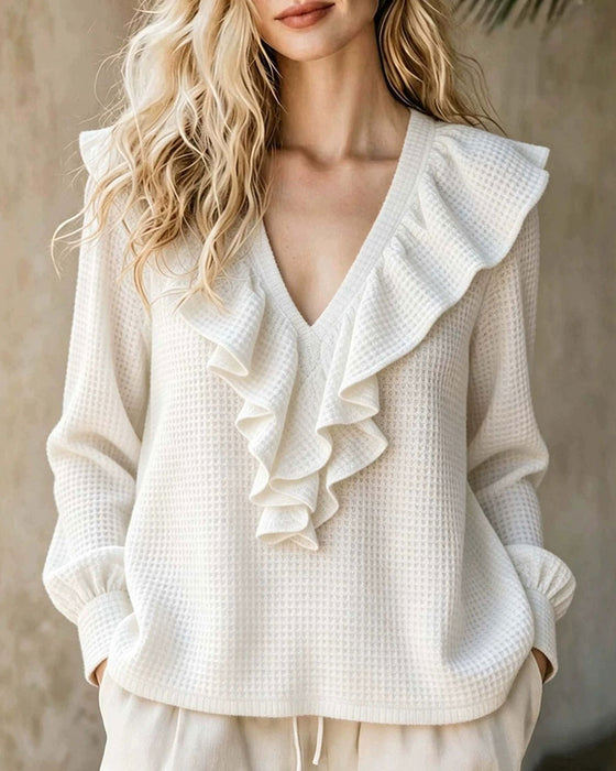 Bluse Vaffelstrikk V-Hals Ruffle