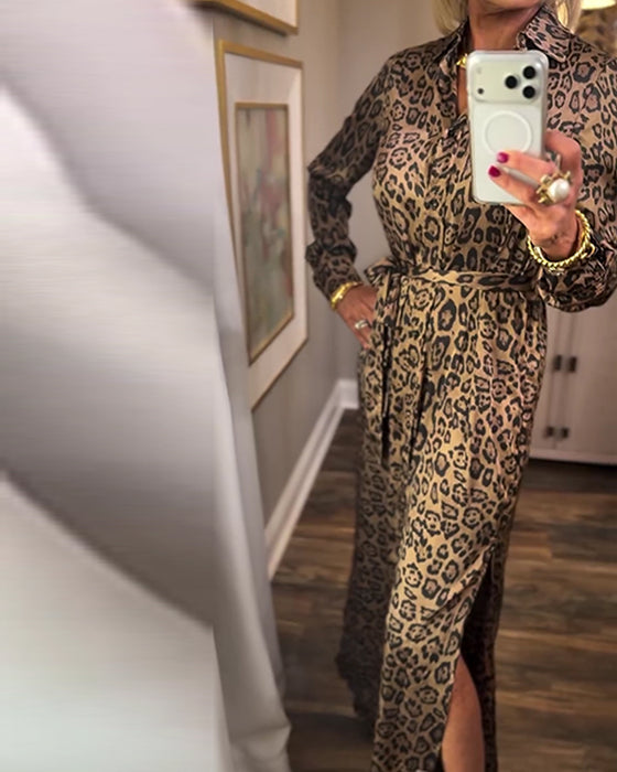 Kjole Leopard Trykk Splitt Lang Erme