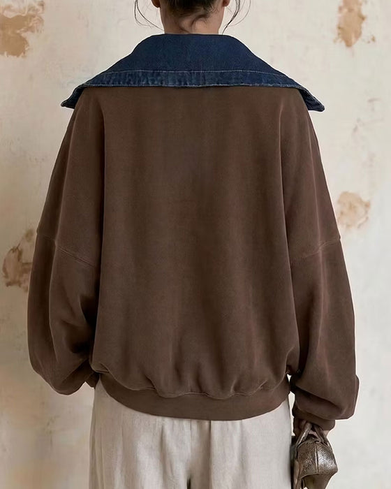 Sweatshirt Jakkeslag Denim Patchwork Løs