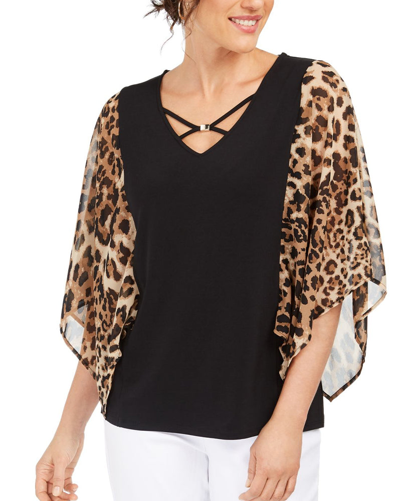 Bluse Flaggermuserme Leopardtrykk Lappeteknikk