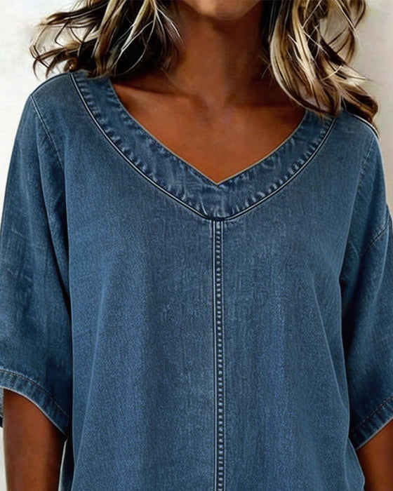 Topp V-Hals Uformell Denim