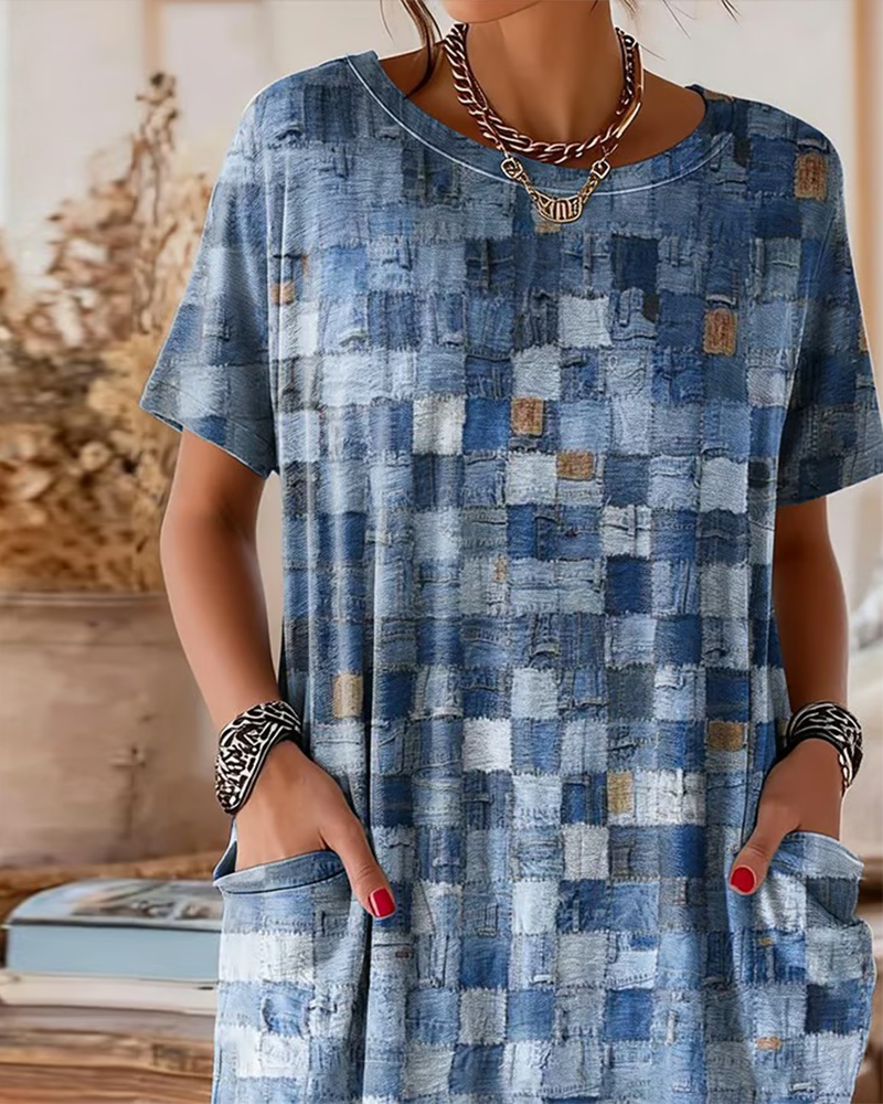 T-Skjorte Farget Rute Trykk Kort Ermet