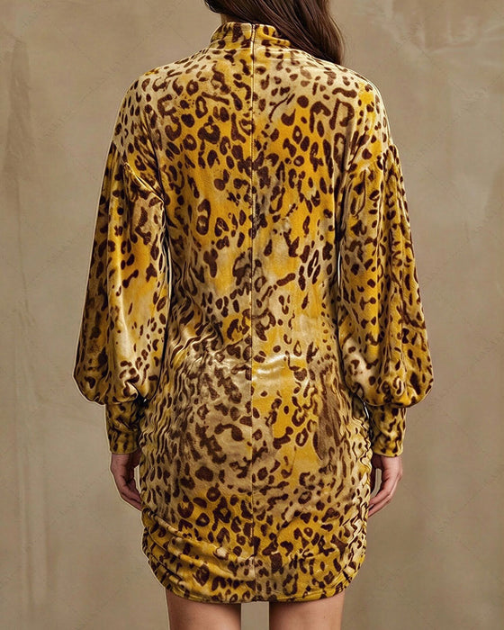 Kjole Høy Hals Leopard Lanterne Erme Elegant