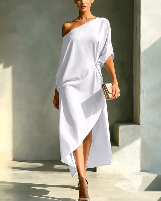 Kjole Off-Shoulder Rynket Uregelmessig Solid