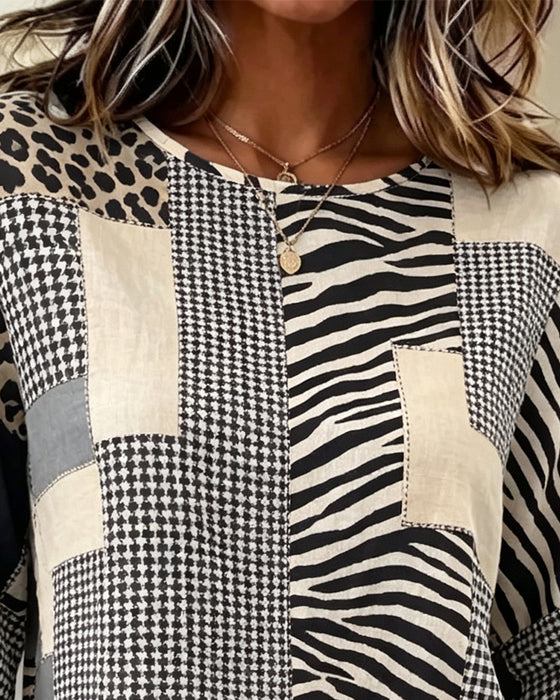 Bluse Rundhalset Lappeteppe Rutet Leopard