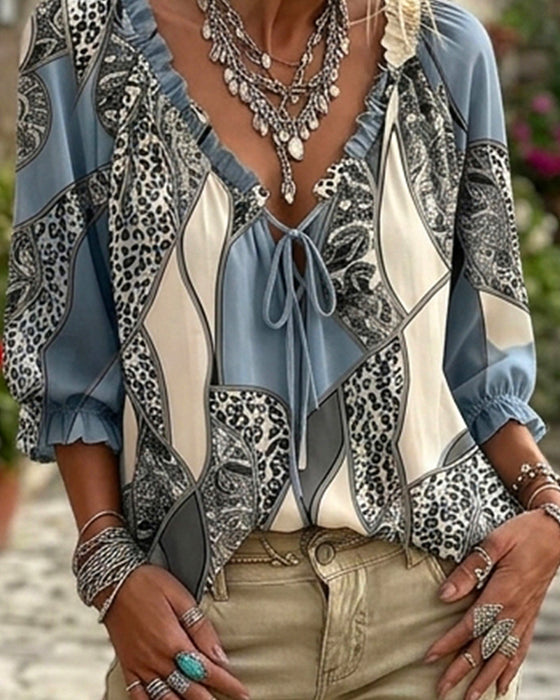 Bluse V-Hals Leopard Puffererme Knyte