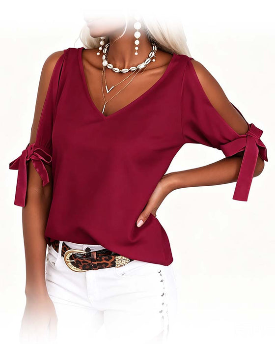 Bluse V-Hals Cold Shoulder Sløyfe Ensfarget