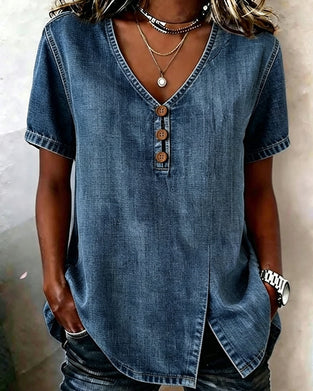 Bluse Med Splittet V-Hals I Denim