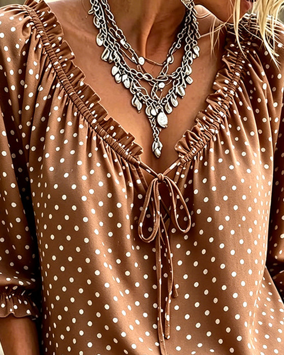 Bluse V-Hals Ruffle Polka Dot Knyting