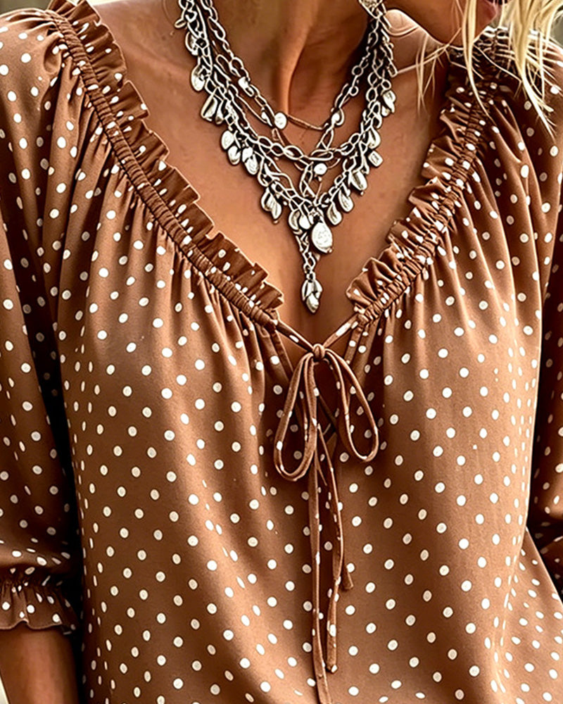Bluse V-Hals Ruffle Polka Dot Knyting