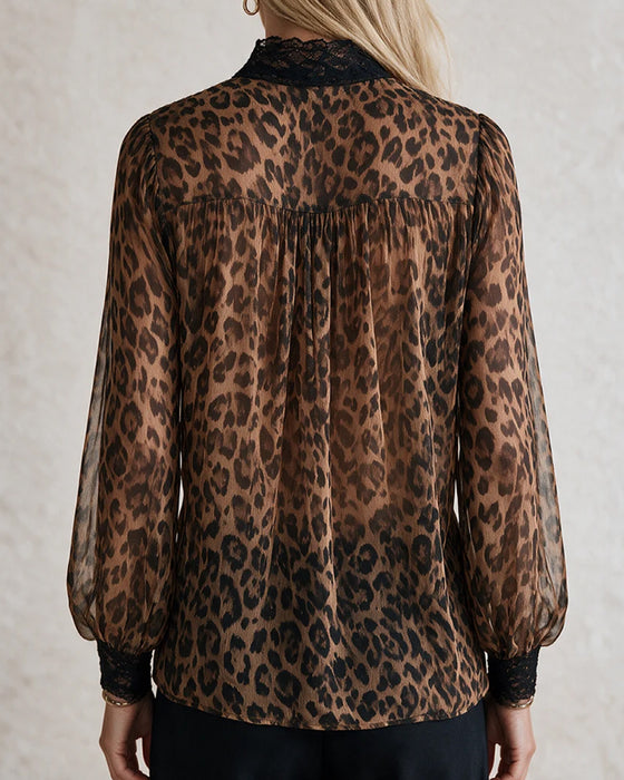 Bluse V-Hals Leopard Lang Erme