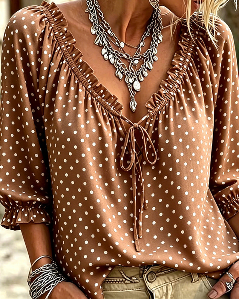 Bluse V-Hals Ruffle Polka Dot Knyting