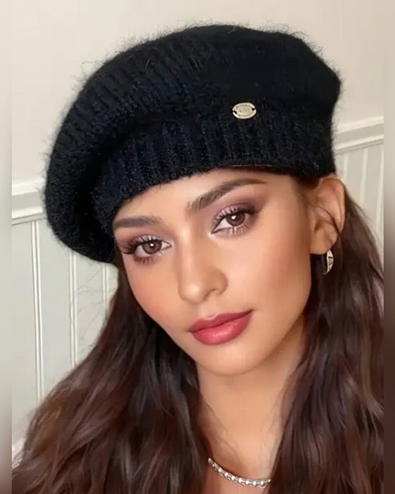 Dame Ensfarget Strikket Beret Lue