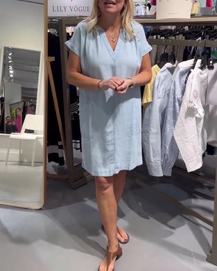 Kjole V-Hals Kort Erme Denim Uformell