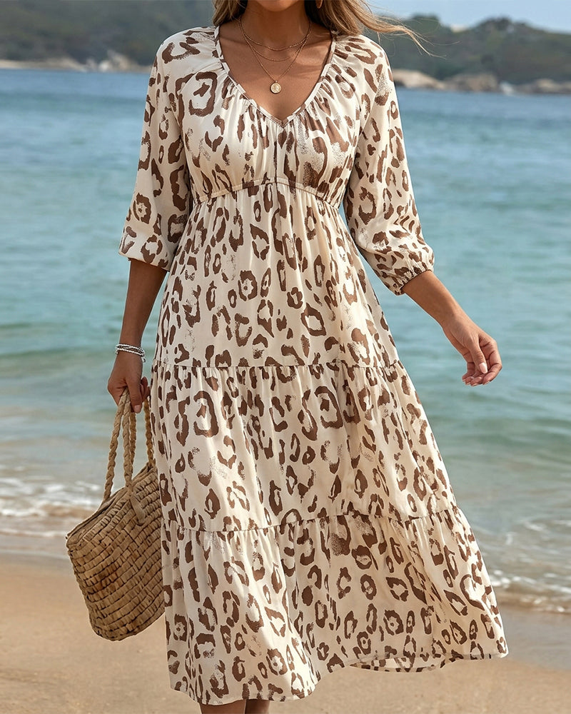 Kjole Leopard Trykk V-hals