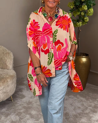 Bluse Revers Blomstret Asymmetrisk