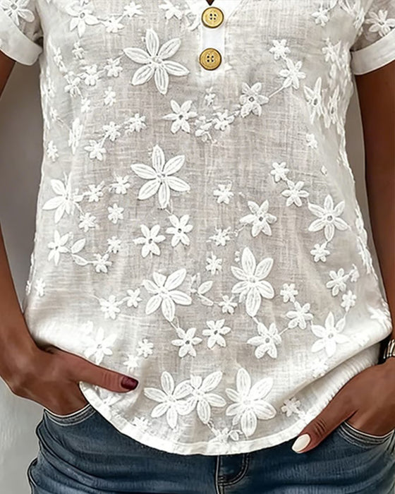 Bluse Ensfarget 3d-Blomstret V-Hals