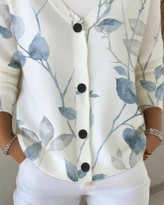 Pullover V-Hals Knapp Blad Trykk