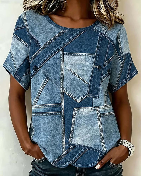 T-Skjorte Denim Lappeteppe Trykk Designer