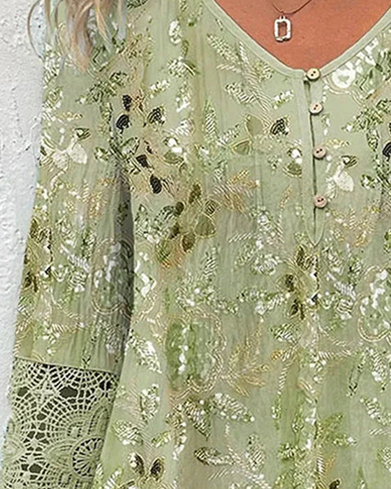Bluse Knipling Patchwork Blomstret V-Hals