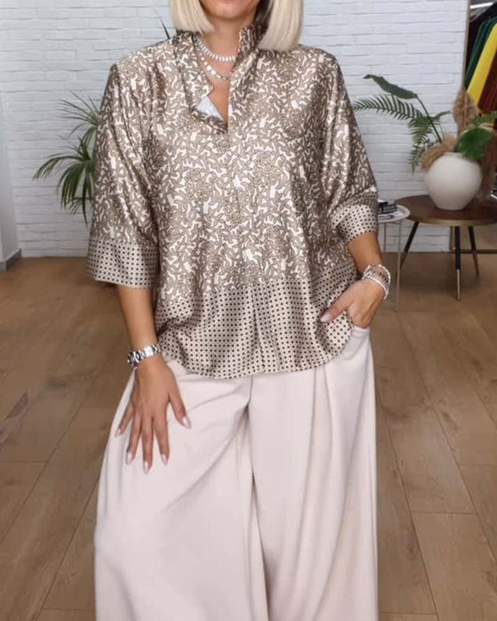 Bluse Med Ståndkrage Og Trykt Satin