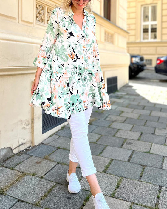 Blomstret elegant bluse med V-hals