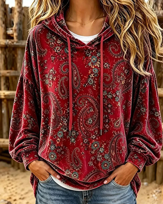Hoodie Paisley Trykk Fløyel
