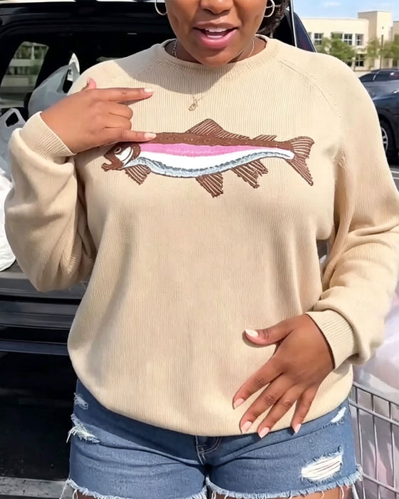 Pullover Rund Hals Fisk Trykk Drop Skulder