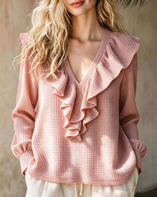 Bluse Vaffelstrikk V-Hals Ruffle
