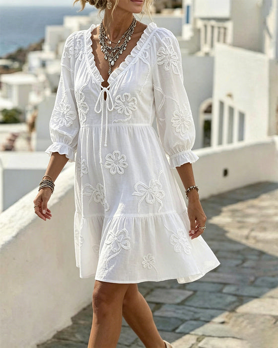 Kjole V-Hals Ruffle 3D Blomstret