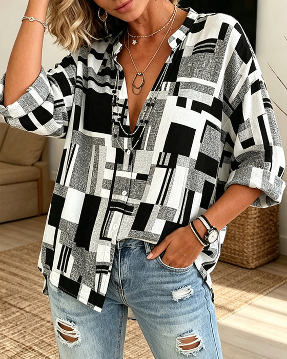 Bluse Geometrisk Trykk V-Hals Avslappet