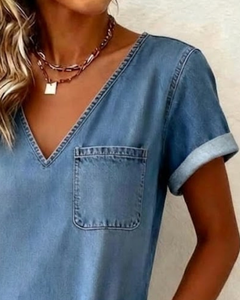 Kjole Denim V-hals Kortermet Shift