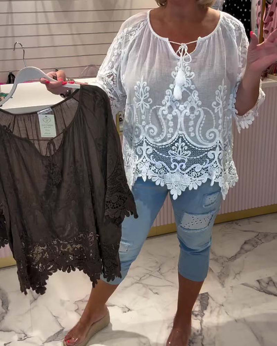 Bluse Snøring Gjennomsiktig Blonde Lappeteppe