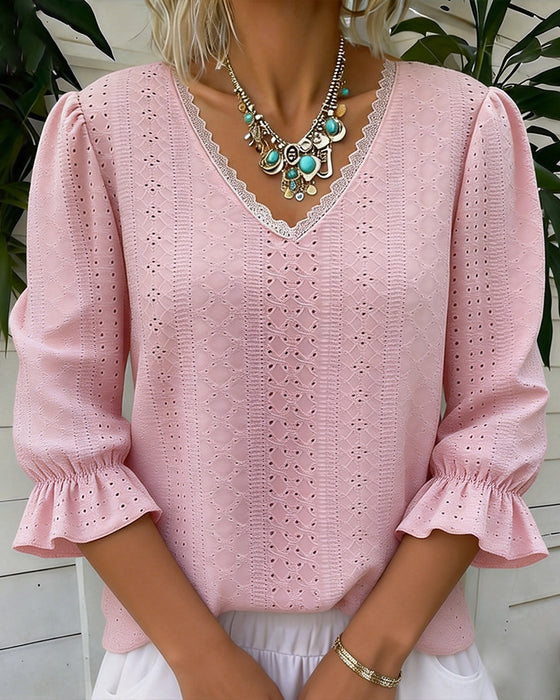 T-skjorte Elegant V-utringning Knipling Ut-Skjæring