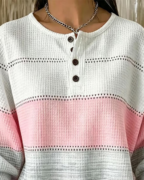 Sweatshirt Fargeblokk Rund Hals Knapp Vaffel