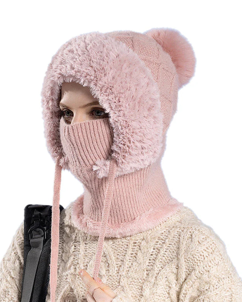 🔥Stilig Tykkstrikket Vinterlue – Med Varmt Ansiktsskjold Og Skjerf🧣