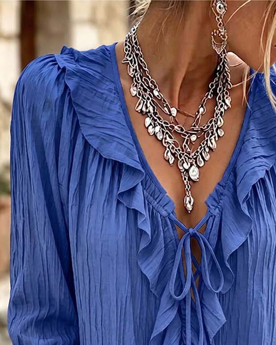 Bluse Ruffle Trim Knyting Lang Erme