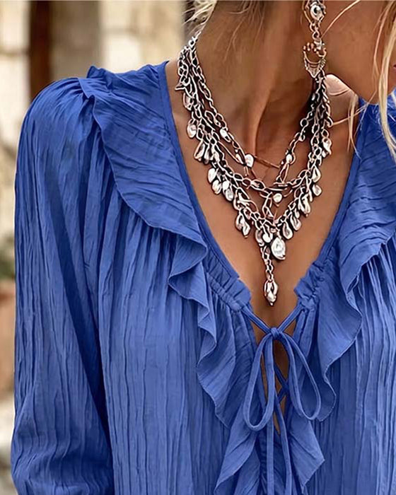Bluse Ruffle Trim Knyting Lang Erme
