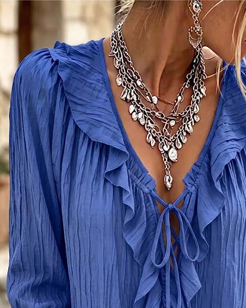 Bluse Ruffle Trim Knyting Lang Erme
