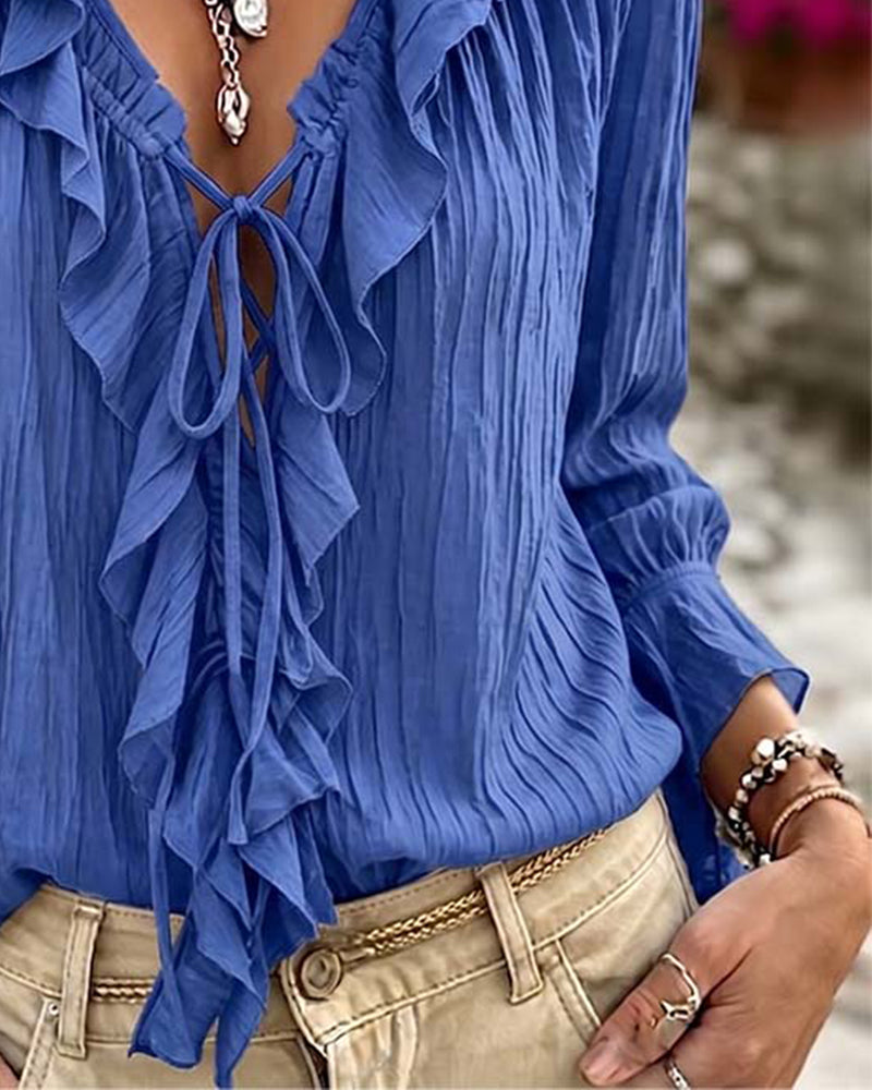 Bluse Ruffle Trim Knyting Lang Erme