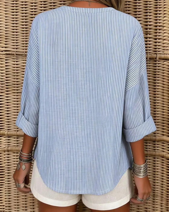 Topp V-Hals Stripe Uregelmessig Lang Erme